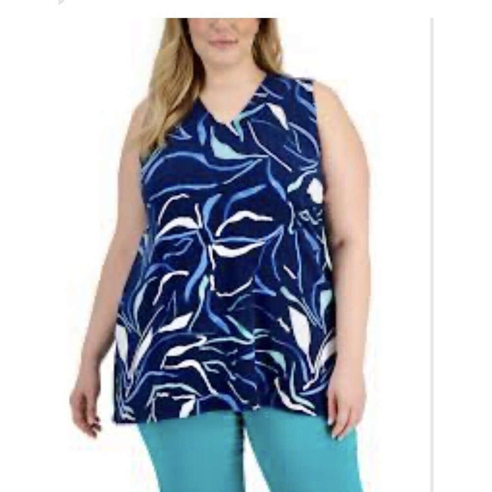 ALFANI BLOUSES TOP TUNIC SIZE SMALL SLEEVELES V-NECK BLUE PRINTED